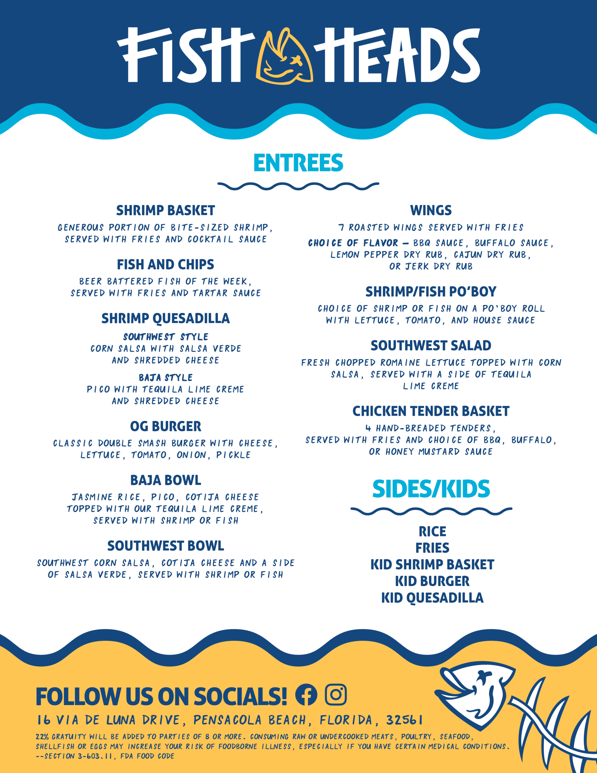 Fish Heads Food Menu